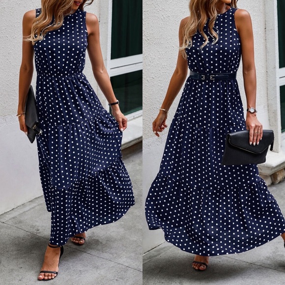 🌌 BOHO NAVY SLEEVELESS POLKA DOT MAXI DRESS! (no belt) - Picture 1 of 4